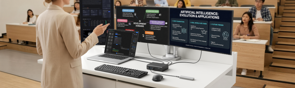 Belkin Universal 16-Port Triple Display USB-C Dock connected to a laptop and multiple displays in a classroom, enabling instructors to present content, manage applications, and multitask during lectures.