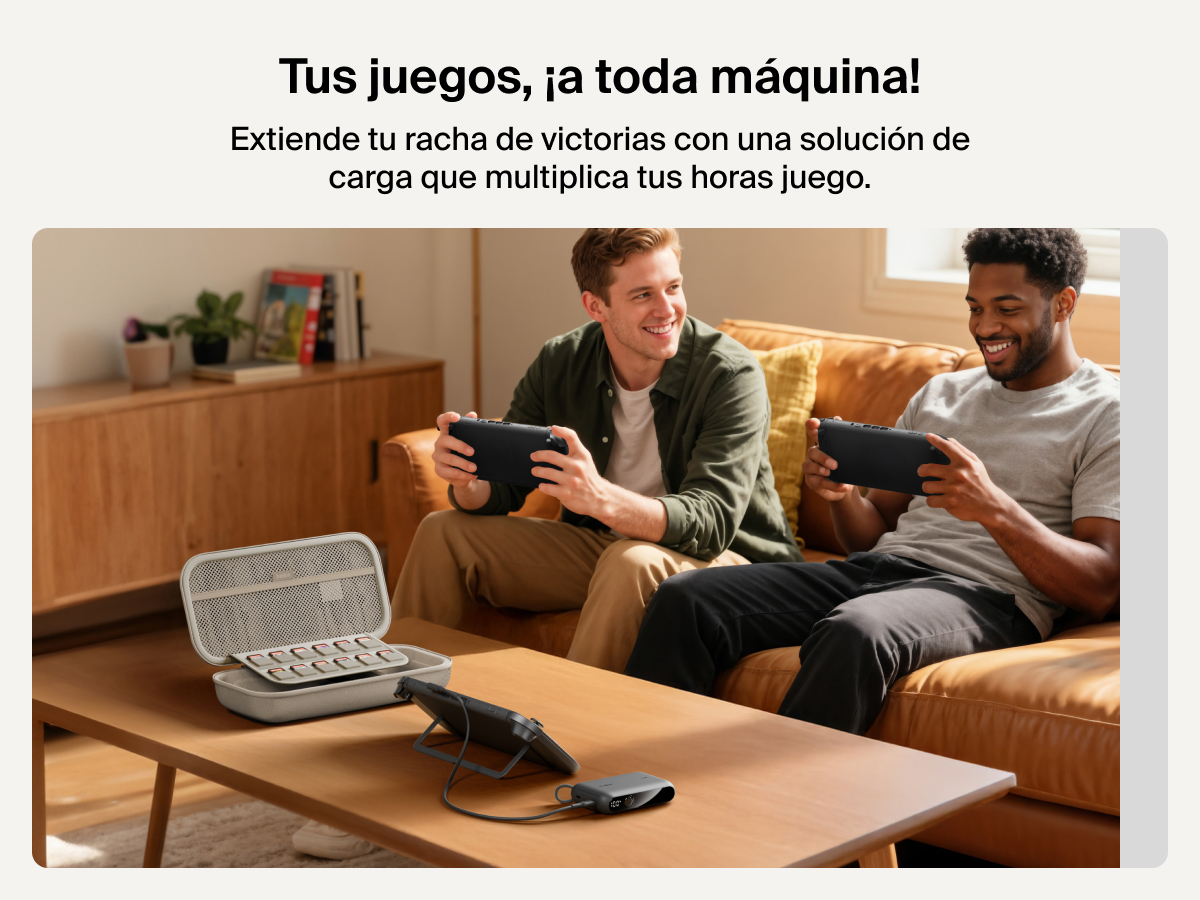 Two men gaming on Nintendo Switch 2 consoles while the Belkin Gaming Charging Case powers a device on the coffee table, showcasing extended playtime with built-in game card storage and charging.