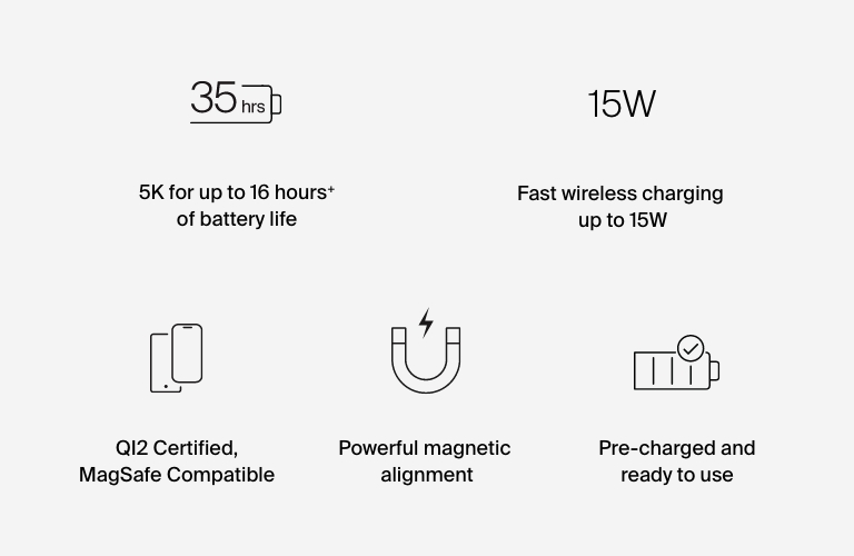 外出先でのQi2充電ソリューションです。最新のワイヤレスマグネット式充電テクノロジーにより、最大15Wの電力を供給します。