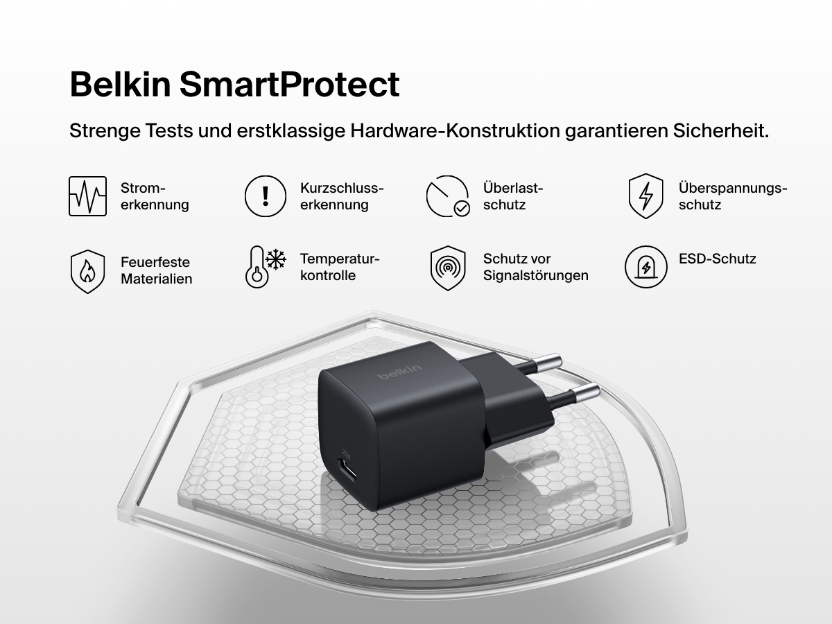 Belkin BoostCharge USB-C Wall Charger 25W shown with Belkin SmartProtect features, including over-voltage, surge, and short-circuit protection for enhanced charging safety.