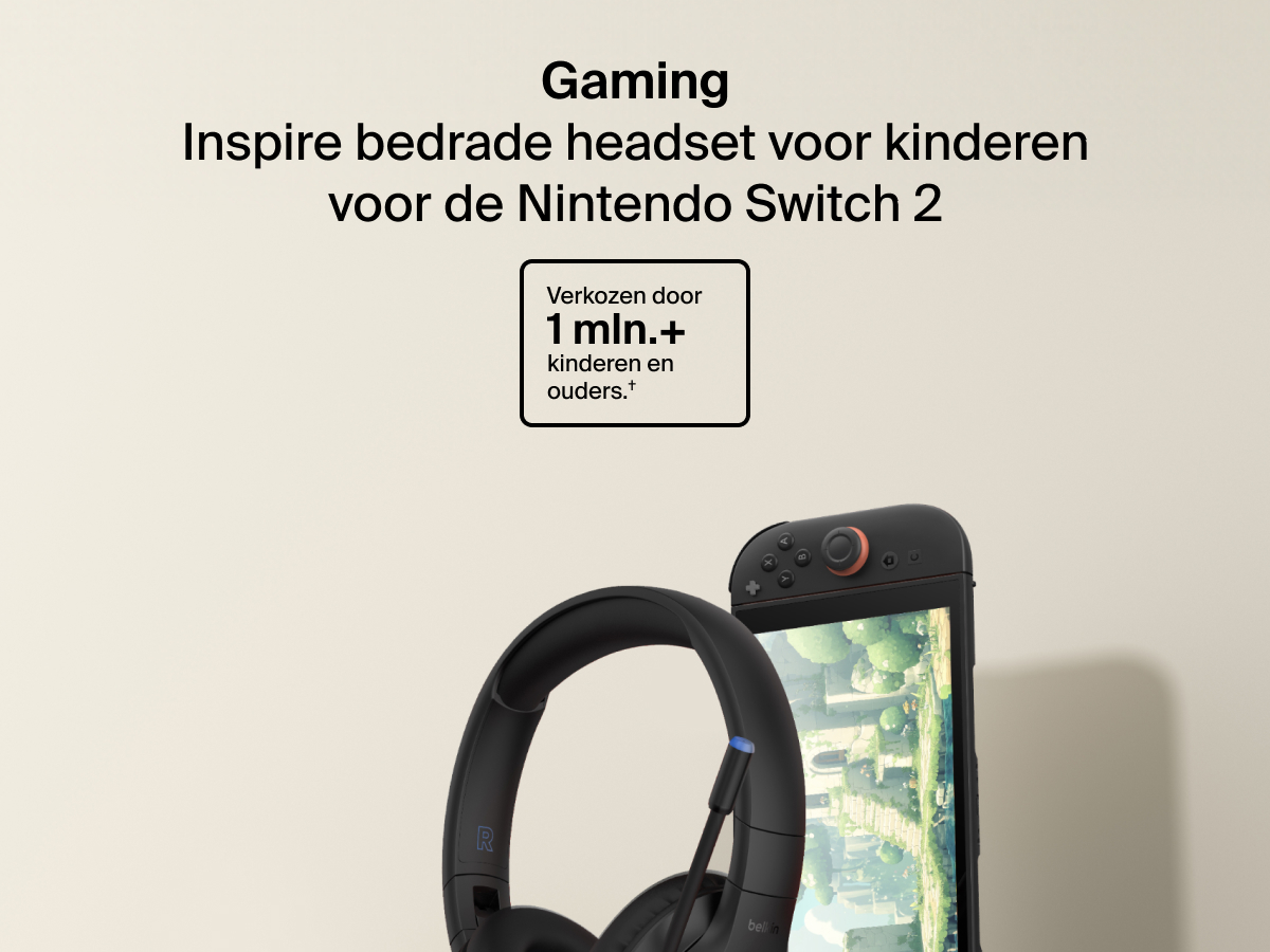Afbeelding van de Belkin Gaming Inspire bedrade headset voor kinderen voor de Nintendo Switch&nbsp;2 naast de handheldconsole, met een label met de tekst &ldquo;Verkozen door 1&nbsp;mln+ kinderen en ouders."
