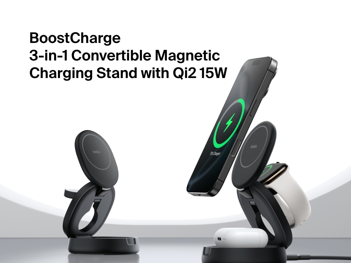 Belkin BoostCharge Qi2 3-in-1 Compact Magnetic Charging Stand。Qi2 15Wワイヤレス急速充電でiPhone、Apple Watch、AirPodsを充電しています。