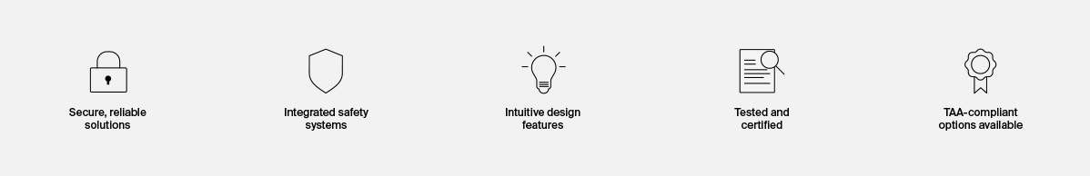 Five black icons with corresponding text on a light gray background, representing key features. From left to right: a padlock icon labeled 'Secure, reliable solutions,' a shield icon labeled 'Integrated safety systems,' a light bulb icon labeled 'Intuitive design features,' a document with a magnifying glass icon labeled 'Tested and certified,' and a ribbon icon labeled 'TAA-compliant options available.