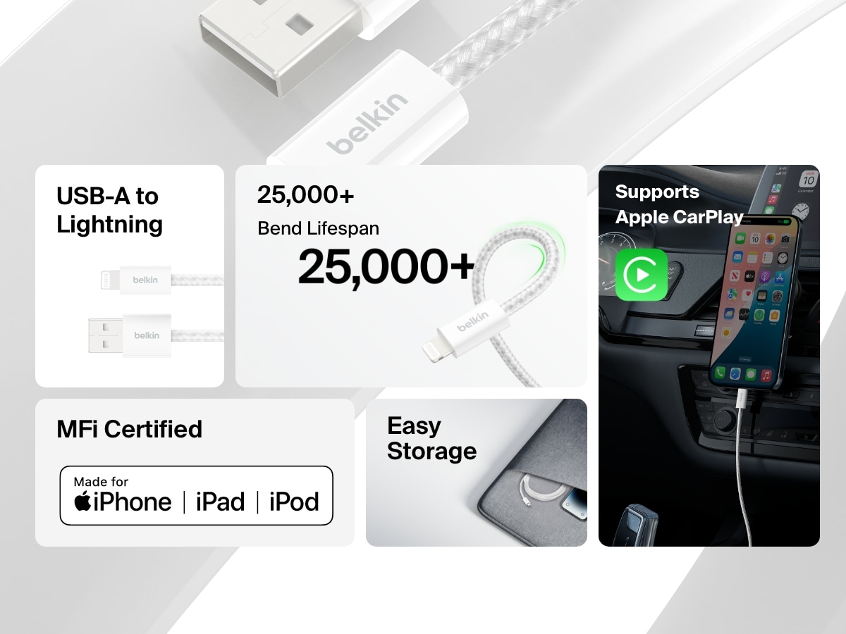 Belkin BoostCharge USB-A Cable with Lightning Connector offers 25,000+ bend lifespan, MFi certification, Apple CarPlay support, and compact storage for seamless charging and syncing with iPhone, iPad, and iPod.
