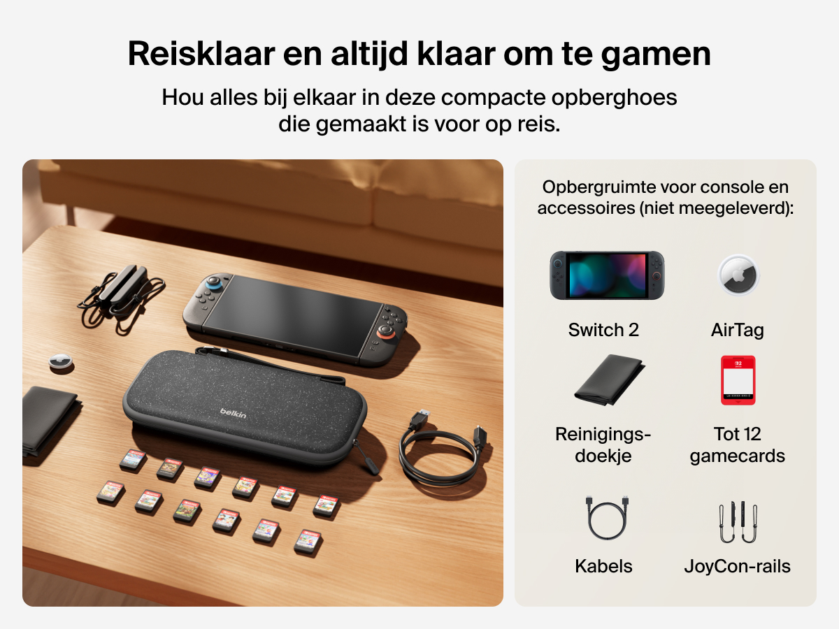 Belkin Gaming opberghoes voor de Nintendo Switch 2 afgebeeld op een tafel met compatibele accessoires waaronder gamecards, kabels, JoyCon-rails, AirTag en reinigingsdoekje (allemaal niet meegeleverd).