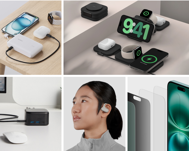 This image showcases a variety of tech accessories, including:  A white portable power bank charging a smartphone, wireless earbuds, and a smartwatch. A modular charging station with multiple slots for wirelessly charging a phone, earbuds, and a smartwatch. A black multi-port charging hub with USB connections on a desk setup. A person wearing wireless earbud-style headphones, emphasizing comfort and fit. Screen protectors displayed alongside a smartphone, showcasing protective features.