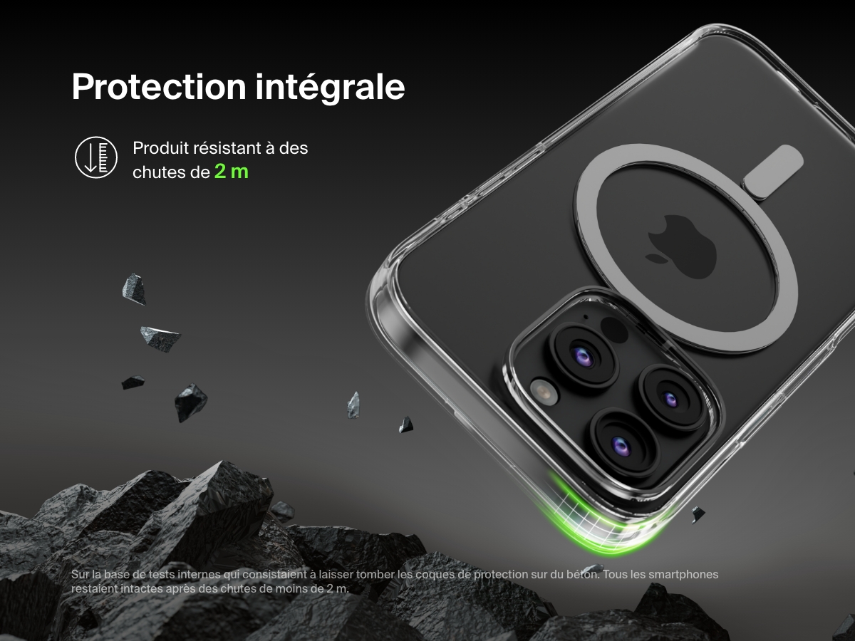 A SheerForce&trade; Magnetic iPhone Case falling onto a rocky surface, emphasizing its 2-meter drop protection. The text highlights the case's durability and ability to withstand drops from up to 2 meters, based on internal drop tests on concrete. The image conveys a rugged, protective design, ensuring enhanced impact resistance for your iPhone.