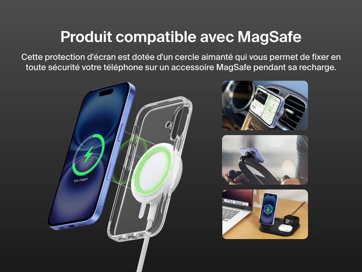 A promotional image showcasing the SheerForce&trade; Magnetic iPhone Case's MagSafe compatibility. The image highlights how the case securely attaches to MagSafe accessories, including car mounts, phone stands, and wireless charging docks, ensuring a seamless and efficient charging experience. The transparent case features a built-in magnetic ring for a strong connection to MagSafe-enabled devices.