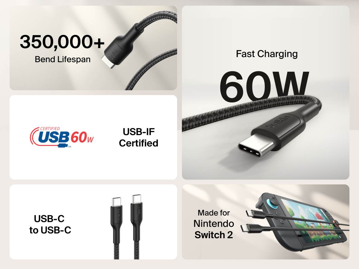 Belkin Gaming USB-C to USB-C Cable 60W delivers fast charging for Nintendo Switch 2 with a durable 350,000+ bend lifespan and USB-IF certification.