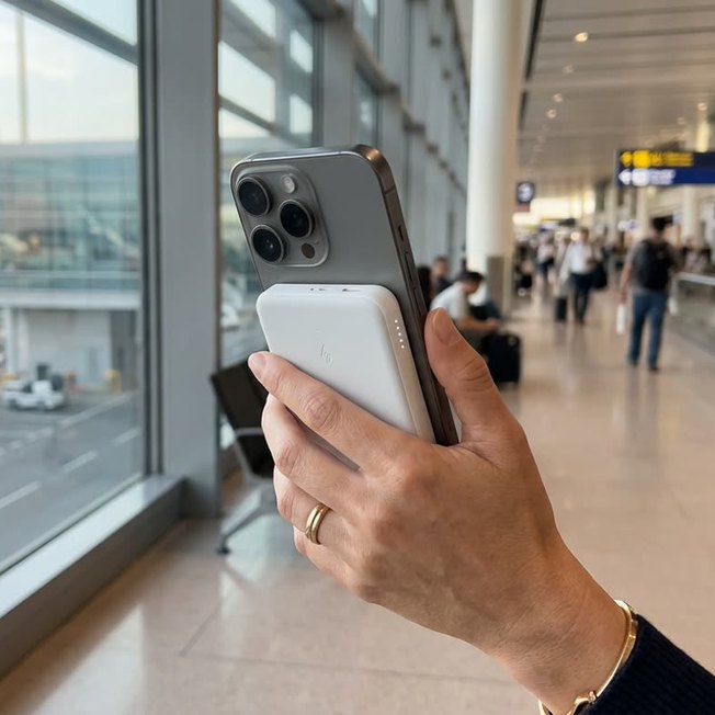 A hand holding an iPhone with a slim white Belkin magnetic power bank snapped to its back, in an airport terminal with a plane at the gate outside the window.