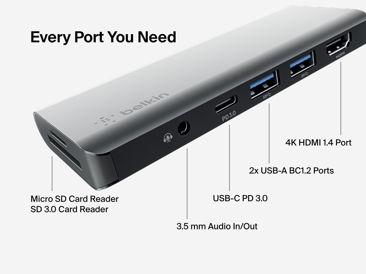 Image showing labeled ports on the Belkin Connect USB-C 7-in-1 Multiport Hub, including a micro SD card reader, SD 3.0 card reader, 3.5mm audio in/out, USB-C PD 3.0, two USB-A BC1.2 ports, and a 4K HDMI 2.0 port.