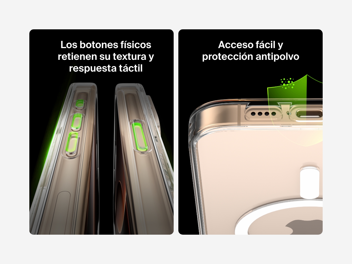 A dual-image showcase of the SheerForce&trade; Magnetic iPhone Case&rsquo;s tactile, clickable buttons and dust-proof protection. The left image highlights the precisely designed buttons that offer a responsive and comfortable press. The right image focuses on the dust-resistant port cutouts, ensuring easy access while protecting against dirt and debris buildup.