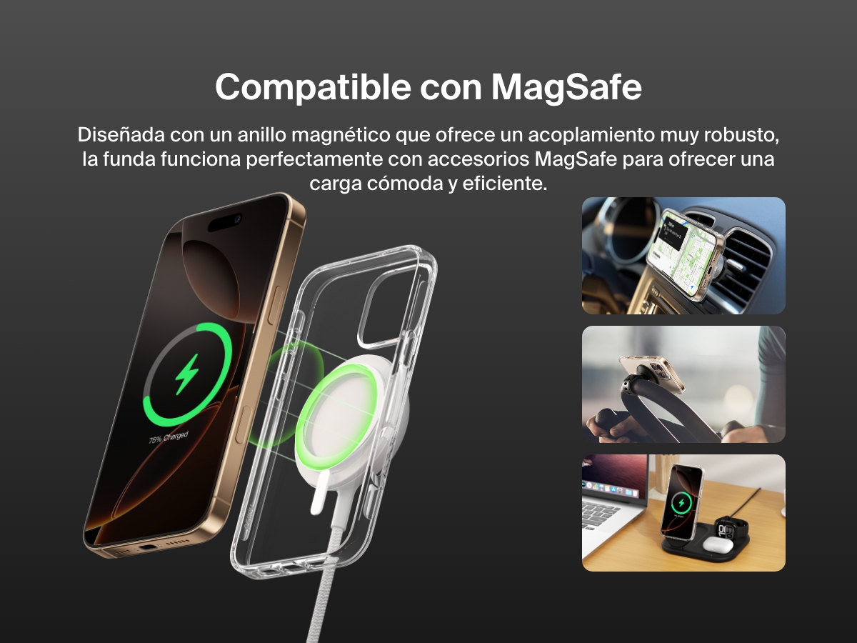 A promotional image showcasing the SheerForce&trade; Magnetic iPhone Case's MagSafe compatibility. The image highlights how the case securely attaches to MagSafe accessories, including car mounts, phone stands, and wireless charging docks, ensuring a seamless and efficient charging experience. The transparent case features a built-in magnetic ring for a strong connection to MagSafe-enabled devices.
