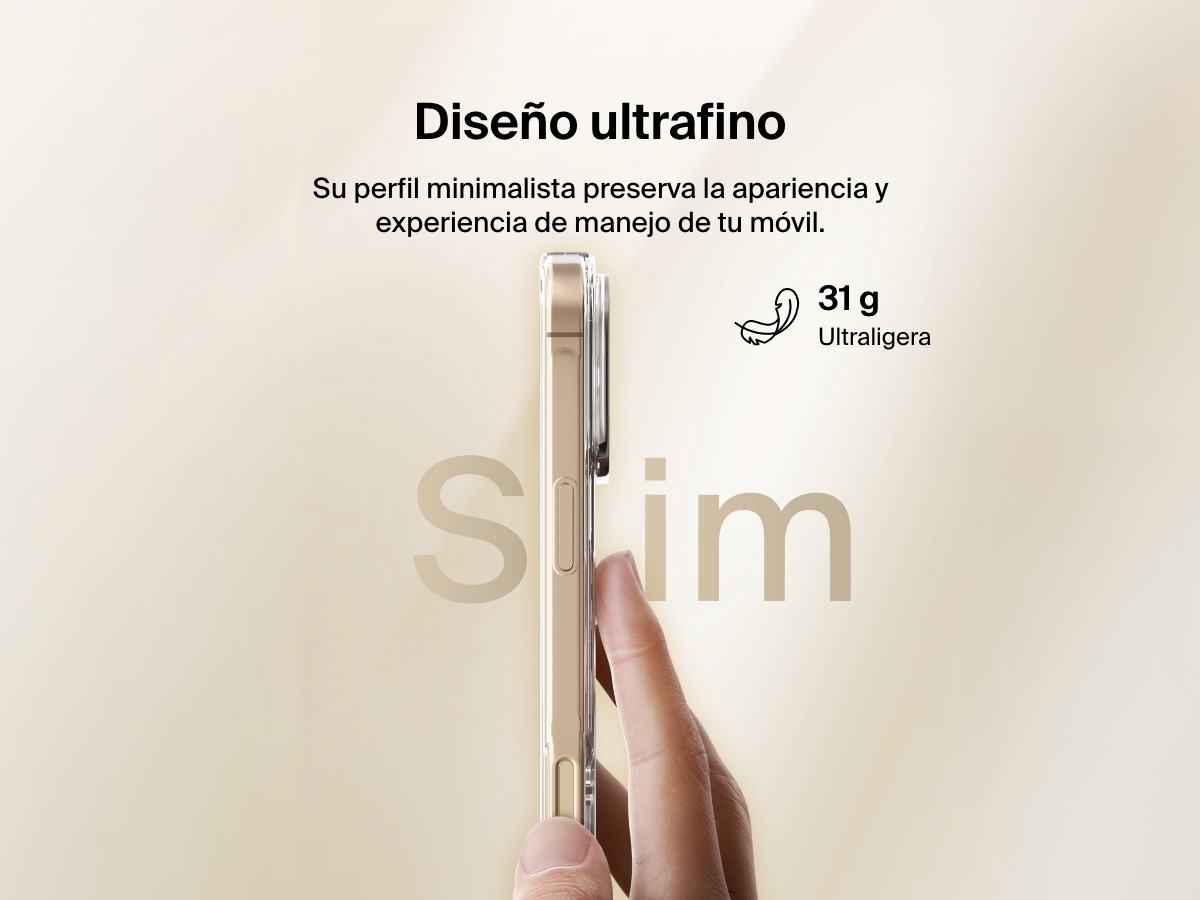 A promotional image showcasing the ultra-thin design of the SheerForce&trade; Magnetic iPhone Case. A hand holds the slim, lightweight case, emphasizing its minimalist form factor that maintains the phone&rsquo;s natural look and feel. The text highlights the 31g ultra-light weight, ensuring a comfortable and sleek user experience.