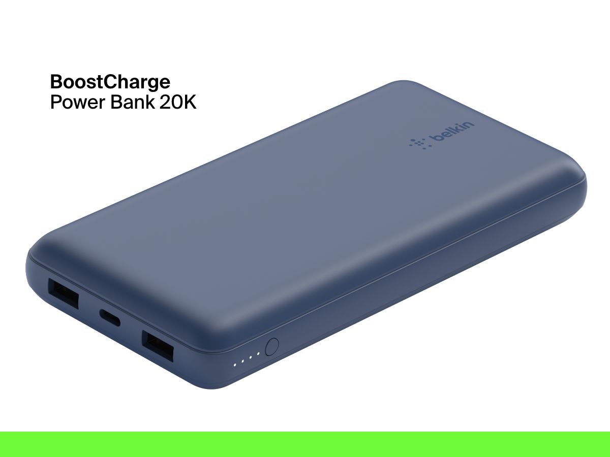 A blue Belkin BoostCharge Power Bank 20K with dual USB-A ports, a USB-C port, LED battery indicator lights, and a power button is shown on a white background.