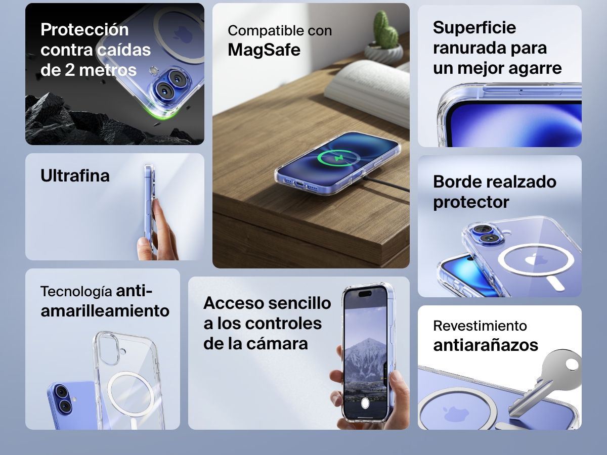 A feature-packed promotional image of the SheerForce&trade; Magnetic iPhone Case, highlighting its key benefits. The collage showcases its MagSafe compatibility, grip-enhancing grooved texture, protective raised edges, anti-yellowing technology, and anti-scratch coating. It also emphasizes 2m drop protection, ultra-slim design, and easy access to camera control, making it a durable and stylish choice for iPhone users.