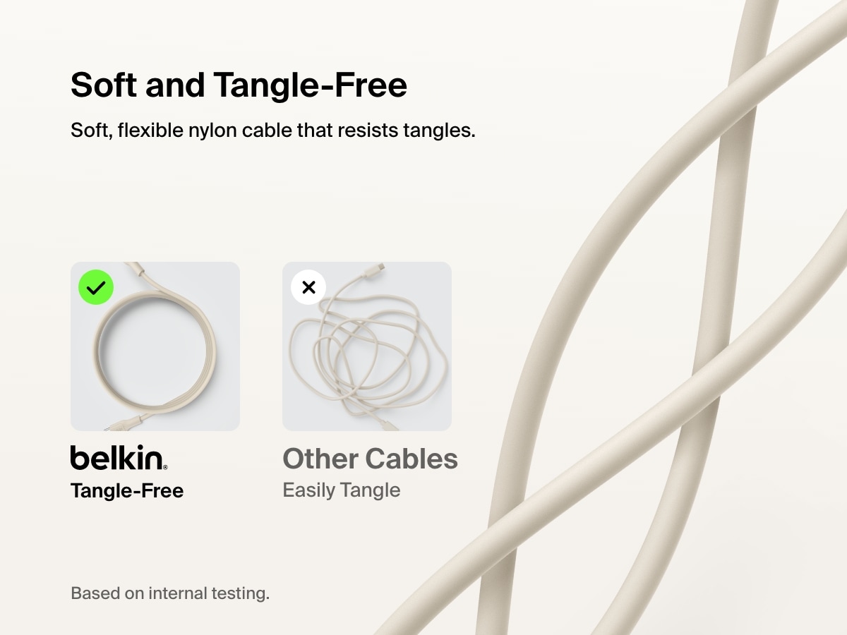 Belkin BoostCharge USB-C Cable with Lightning Connector features a soft, flexible nylon design that resists tangles for hassle-free everyday use.