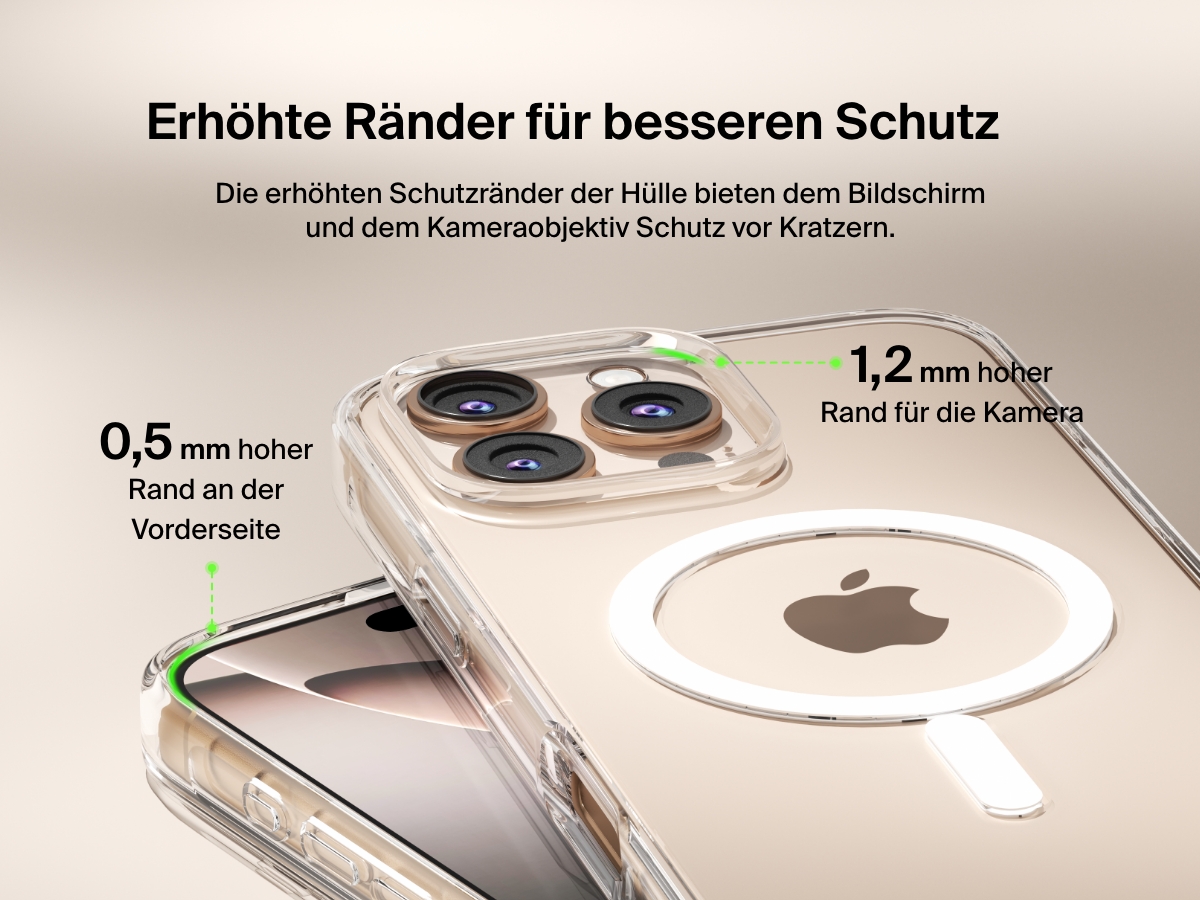A close-up view of the SheerForce&trade; Magnetic iPhone Case, highlighting its raised edges for enhanced protection. The image showcases a 1.2mm camera raised edge and a 0.5mm front raised edge, designed to safeguard the screen and camera lenses from scratches and impacts. The transparent case maintains a sleek look while providing reliable protection.