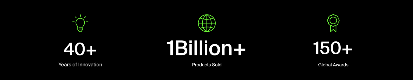 Black background graphic highlighting Belkin milestones: '40+ Years of Innovation' with a lightbulb icon, '1 Billion+ Products Sold' with a globe icon, and '150+ Global Awards' with a ribbon icon, all in green and white text.