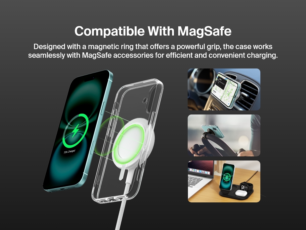 A promotional image showcasing the SheerForce&trade; Magnetic iPhone Case's MagSafe compatibility. The image highlights how the case securely attaches to MagSafe accessories, including car mounts, phone stands, and wireless charging docks, ensuring a seamless and efficient charging experience. The transparent case features a built-in magnetic ring for a strong connection to MagSafe-enabled devices.