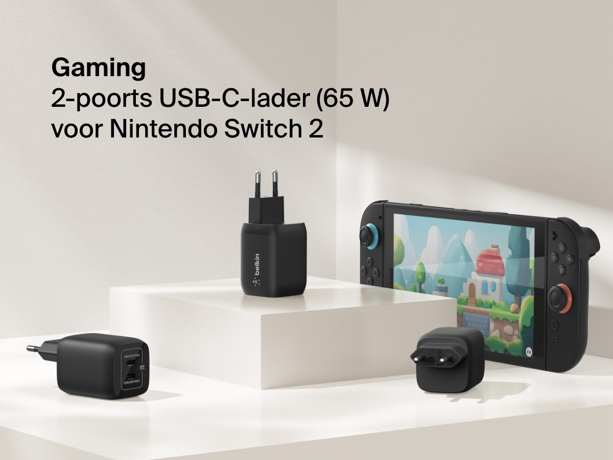 De Belkin Gaming 2-poorts USB-C-wandlader (65&nbsp;W), hier afgebeeld met een Nintendo Switch&nbsp;2, biedt supersnel opladen via twee USB-C-poorten, ideaal voor het opladen van consoles en accessoires.
