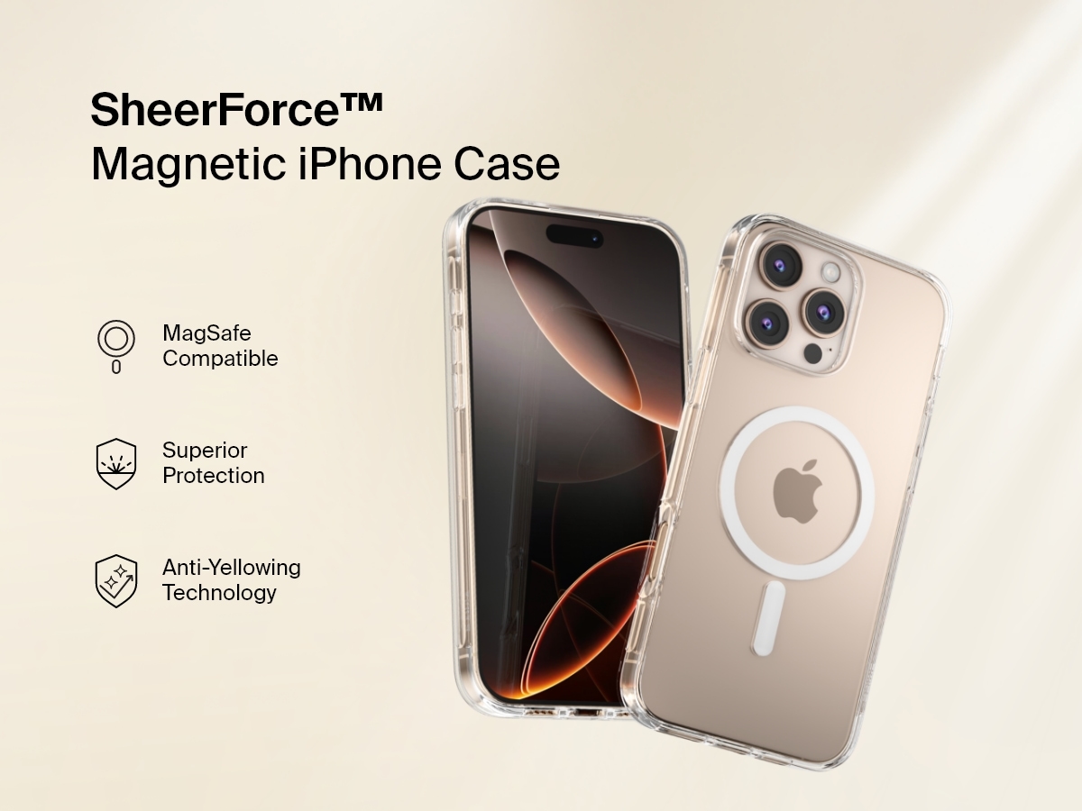 A promotional image of the SheerForce&trade; Magnetic iPhone Case, featuring a clear, MagSafe-compatible design. The case offers anti-yellowing technology and superior protection while maintaining the sleek look of the iPhone. The image highlights key features with icons, including MagSafe compatibility, durability, and long-lasting clarity.