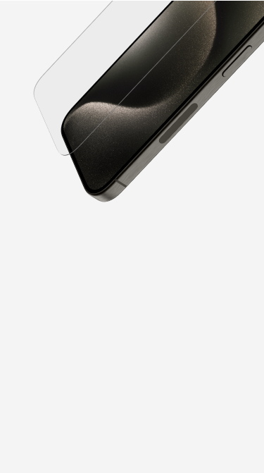  This image features a close-up of a smartphone with a transparent screen protector being applied. The screen protector is designed to align perfectly with the phone's display, showcasing its precise fit and clarity. The background is a clean, light gray, emphasizing the sleek and protective nature of the product.