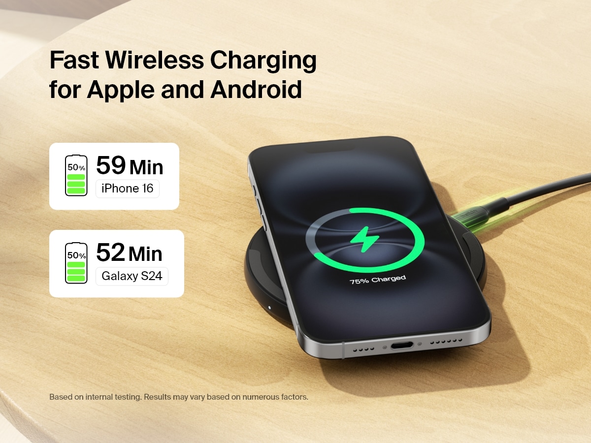 A black Belkin BoostCharge Wireless Charging Pad 15W is shown on a wooden surface charging an iPhone, with text highlighting fast wireless charging times of 59 minutes for iPhone 16 and 52 minutes for Galaxy S24 to reach 50% battery.