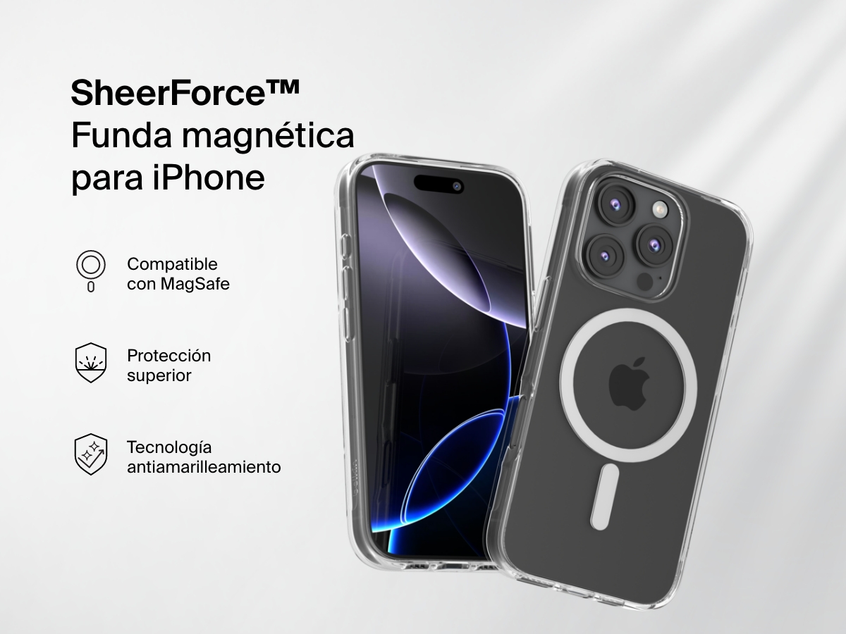 A promotional image of the SheerForce&trade; Magnetic iPhone Case, featuring a clear, MagSafe-compatible design. The case offers anti-yellowing technology and superior protection while maintaining the sleek look of the iPhone. The image highlights key features with icons, including MagSafe compatibility, durability, and long-lasting clarity.