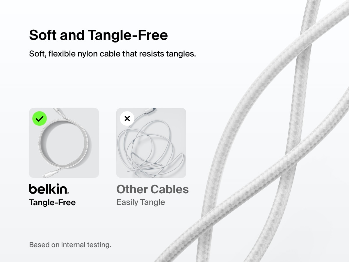 Infographic highlighting the Belkin BoostCharge Pro Braided USB-A to USB-C Cable 15W as a soft, flexible, and tangle-free nylon cable compared to standard cables that easily knot.