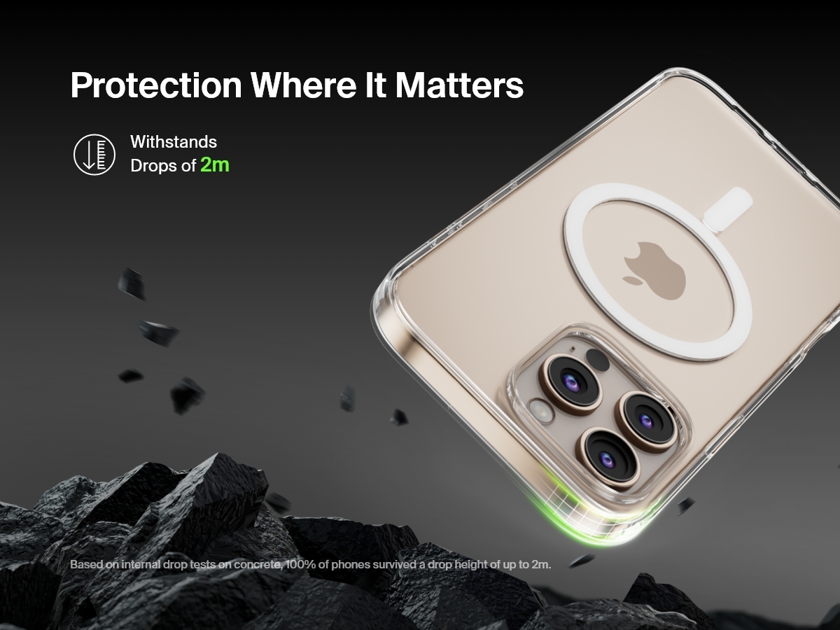 A SheerForce&trade; Magnetic iPhone Case falling onto a rocky surface, emphasizing its 2-meter drop protection. The text highlights the case's durability and ability to withstand drops from up to 2 meters, based on internal drop tests on concrete. The image conveys a rugged, protective design, ensuring enhanced impact resistance for your iPhone.