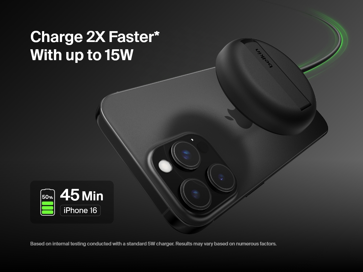 A black Belkin BoostCharge Pro Magnetic Wireless Charging Pad with Qi2 15W is shown charging an iPhone 16, highlighting its ability to charge up to 50% in 45 minutes with 15W fast charging.