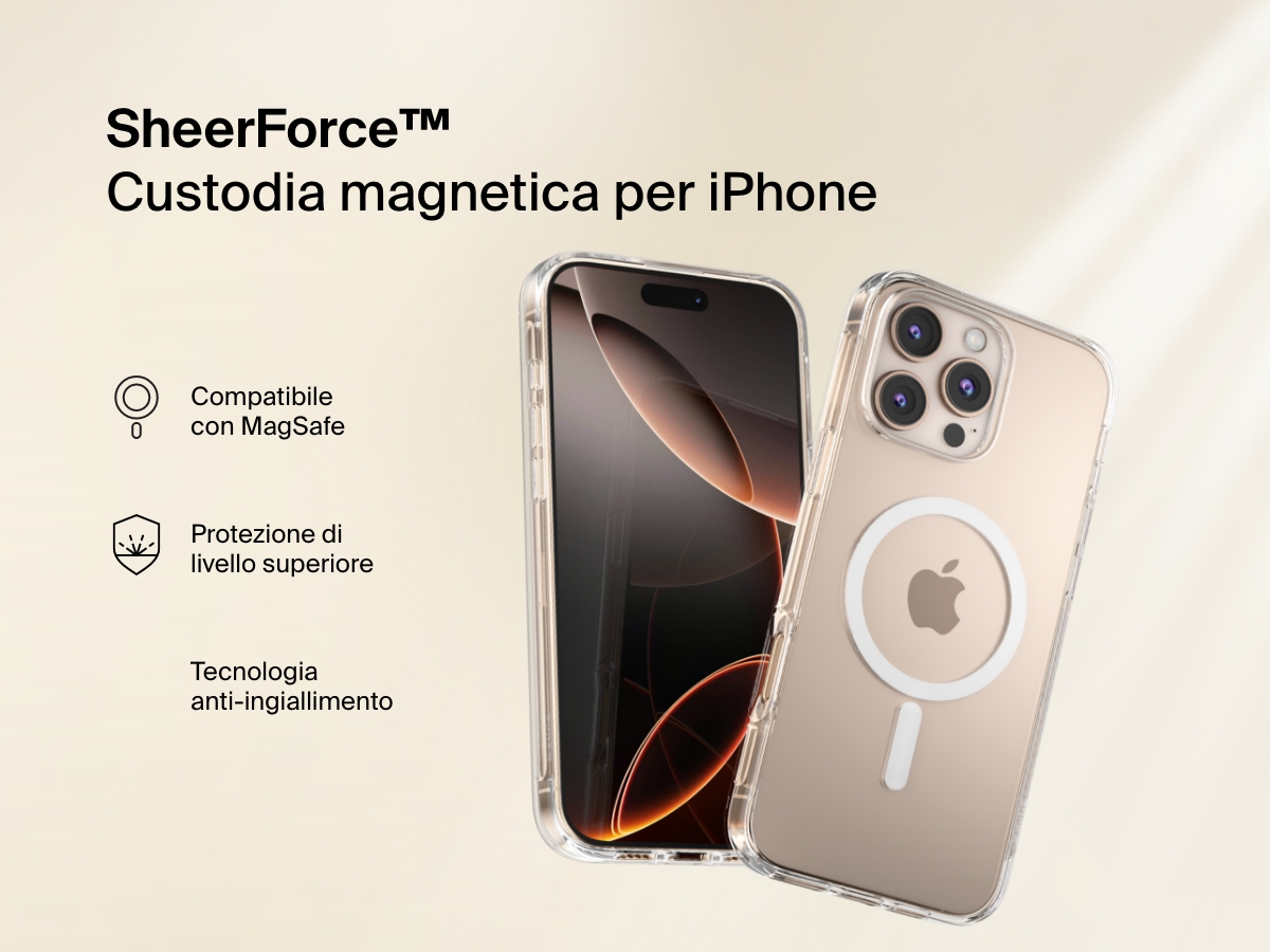 A promotional image of the SheerForce&trade; Magnetic iPhone Case, featuring a clear, MagSafe-compatible design. The case offers anti-yellowing technology and superior protection while maintaining the sleek look of the iPhone. The image highlights key features with icons, including MagSafe compatibility, durability, and long-lasting clarity.