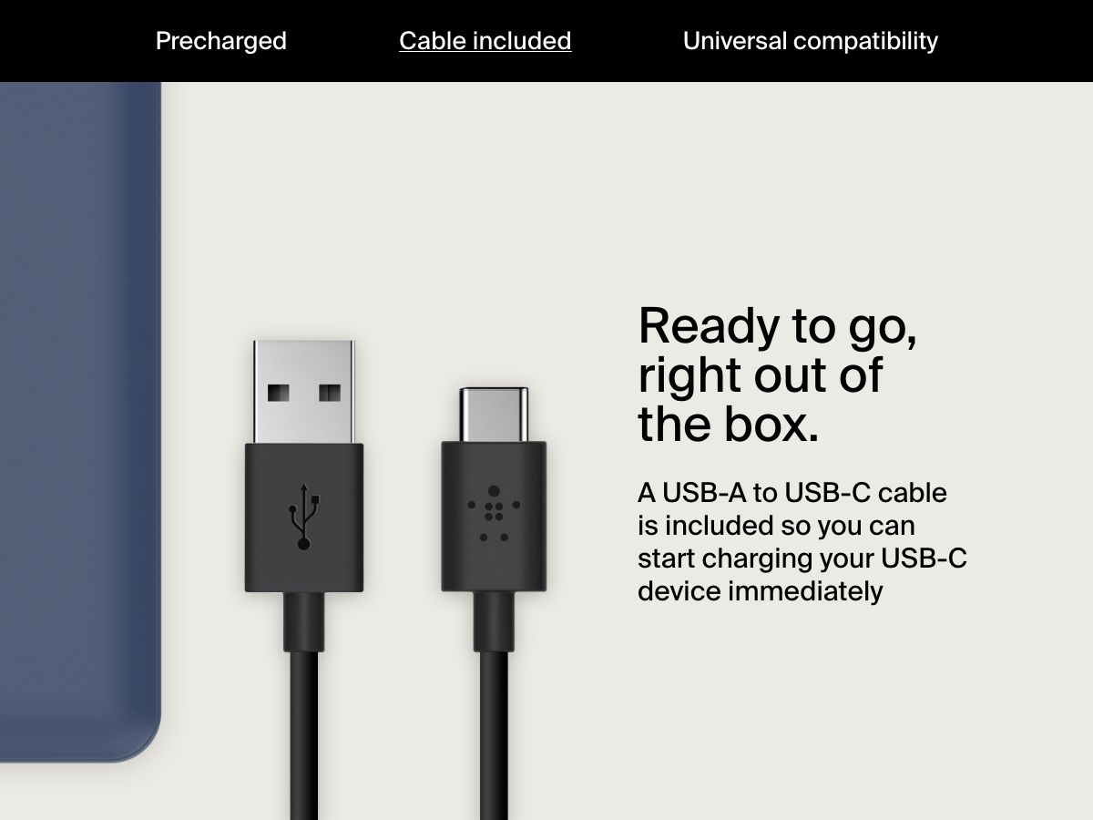 A USB-A to USB-C charging cable is shown next to a blue Belkin BoostCharge Power Bank 20K with text indicating it&rsquo;s included for immediate charging out of the box.
