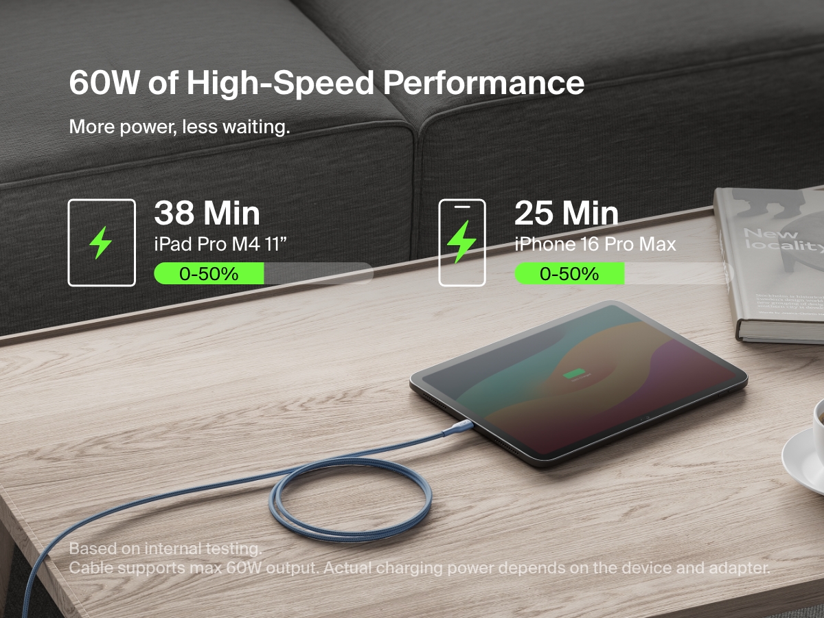 Belkin BoostCharge Pro Braided USB-C to USB-C Cable 60W delivers high-speed charging, powering an iPhone 16 Pro Max to 50% in 25 minutes and an iPad Pro M4 11&rdquo; in 38 minutes.