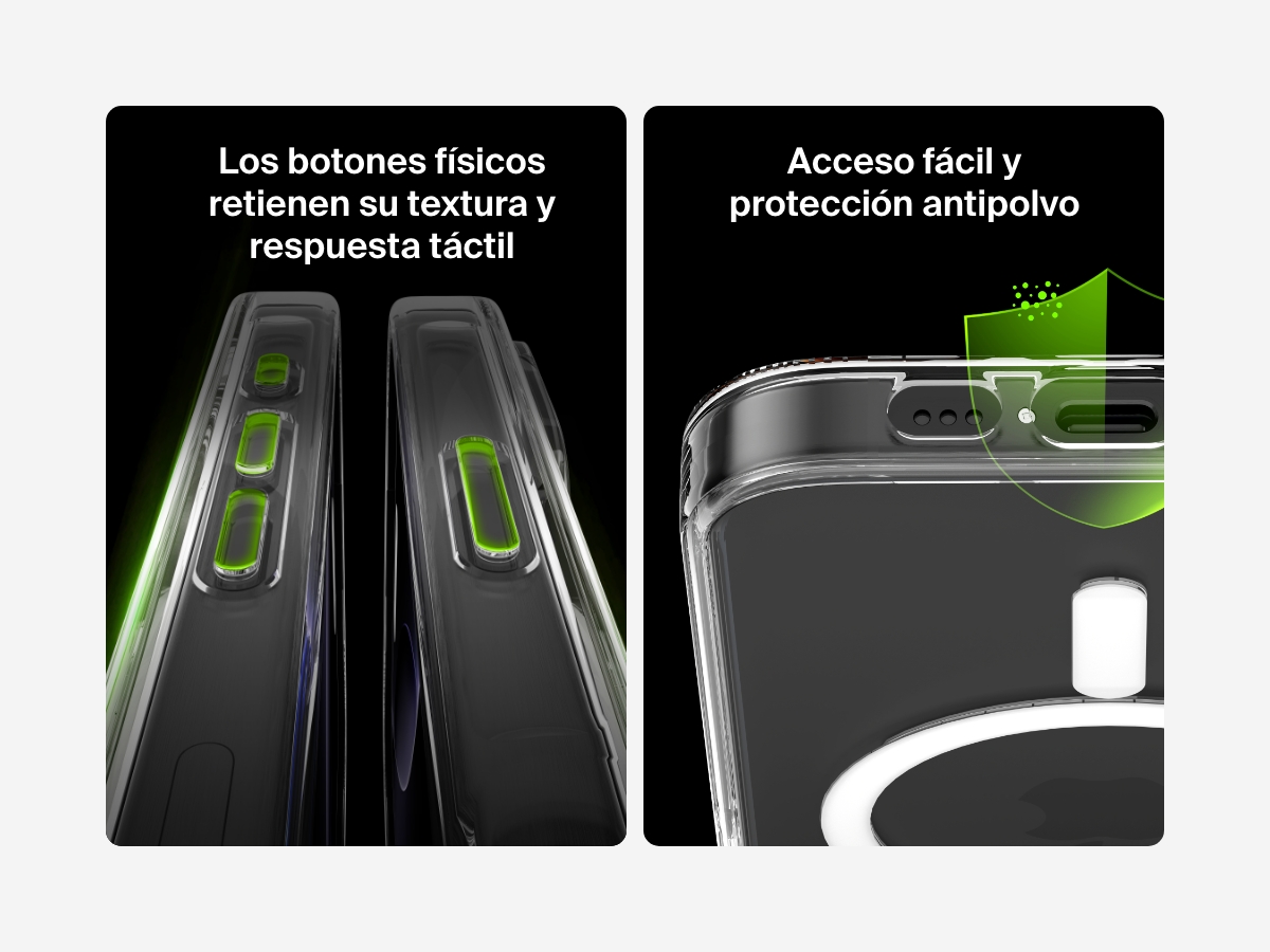 A dual-image showcase of the SheerForce&trade; Magnetic iPhone Case&rsquo;s tactile, clickable buttons and dust-proof protection. The left image highlights the precisely designed buttons that offer a responsive and comfortable press. The right image focuses on the dust-resistant port cutouts, ensuring easy access while protecting against dirt and debris buildup.