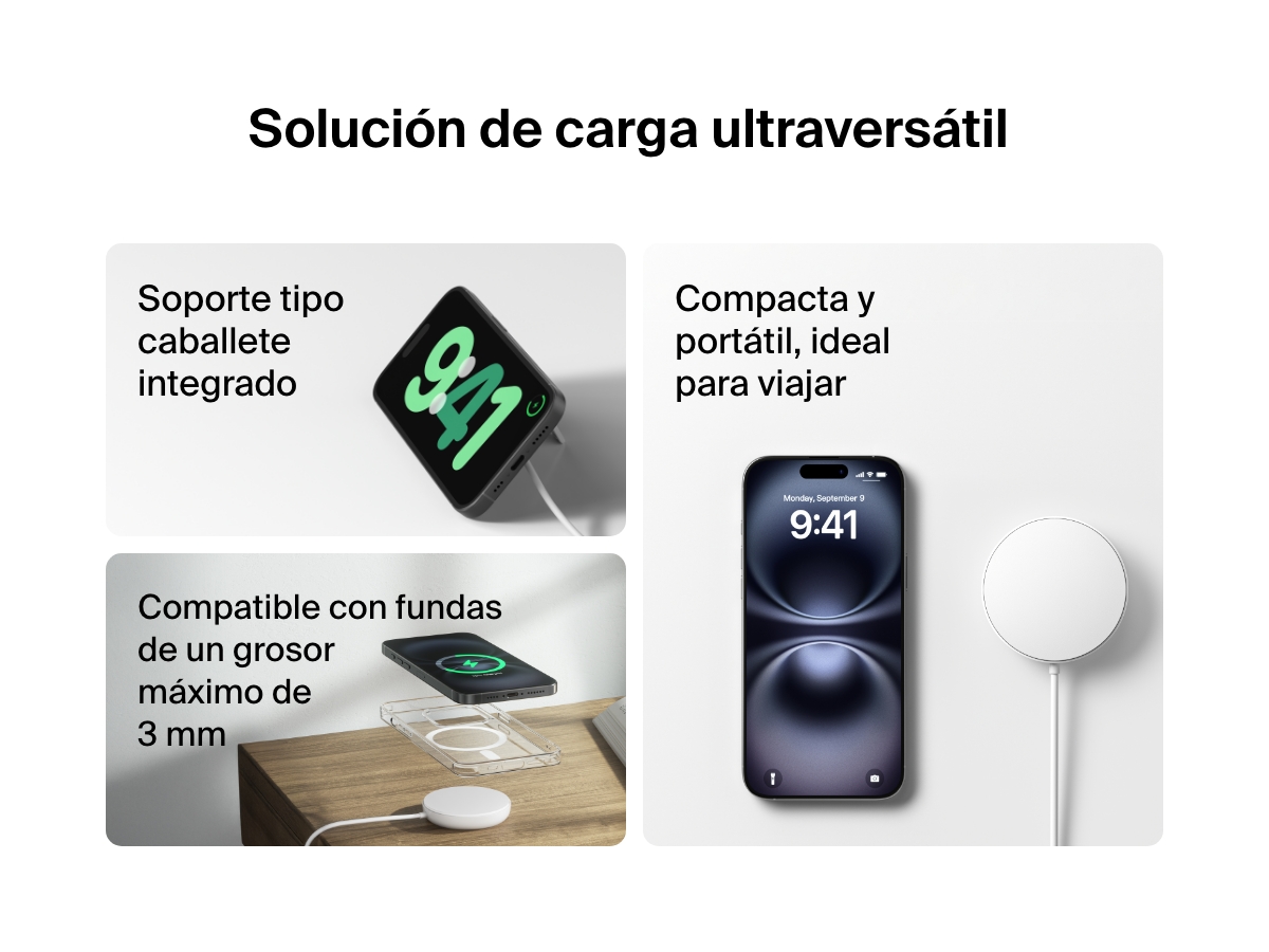 Se muestra una base magn&eacute;tica de carga inal&aacute;mbrica con Qi2 de 15 W BoostCharge Pro de Belkin de color blanco utilizada en distintos ejemplos pr&aacute;cticos, con su soporte tipo caballete integrado, resaltando su portabilidad y dise&ntilde;o ideal para viajar o su compatibilidad con fundas de m&oacute;vil de un grosor m&aacute;ximo de 3 mm.