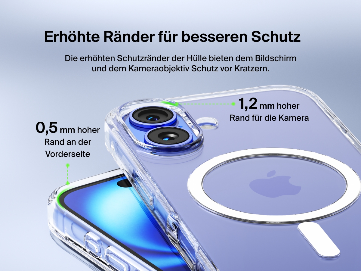 A close-up view of the SheerForce&trade; Magnetic iPhone Case, highlighting its raised edges for enhanced protection. The image showcases a 1.2mm camera raised edge and a 0.5mm front raised edge, designed to safeguard the screen and camera lenses from scratches and impacts. The transparent case maintains a sleek look while providing reliable protection.