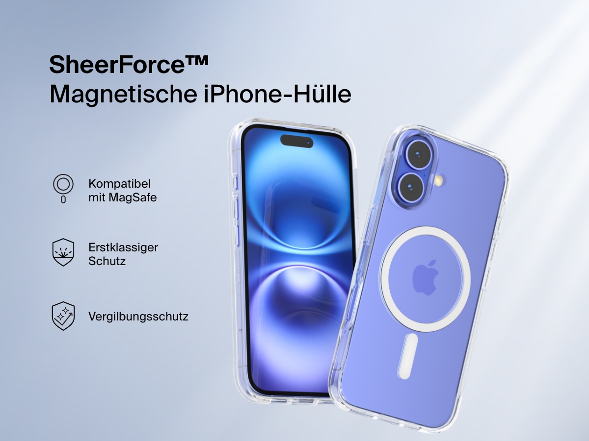 A promotional image of the SheerForce&trade; Magnetic iPhone Case, featuring a clear, MagSafe-compatible design. The case offers anti-yellowing technology and superior protection while maintaining the sleek look of the iPhone. The image highlights key features with icons, including MagSafe compatibility, durability, and long-lasting clarity.