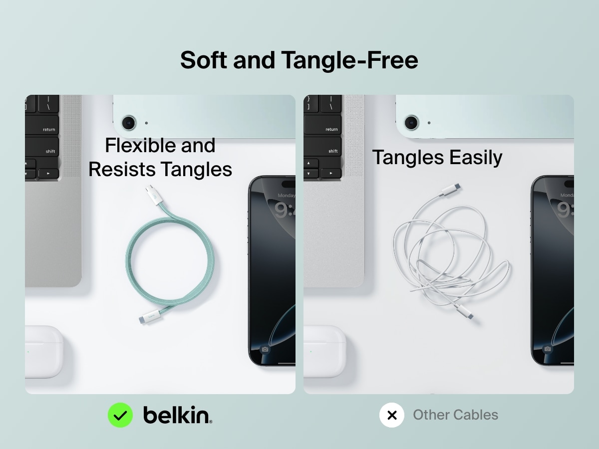 Side-by-side image showing the Belkin BoostCharge USB-C to USB-C Cable 60W as a soft, flexible, and tangle-resistant option compared to standard cables that tangle easily.