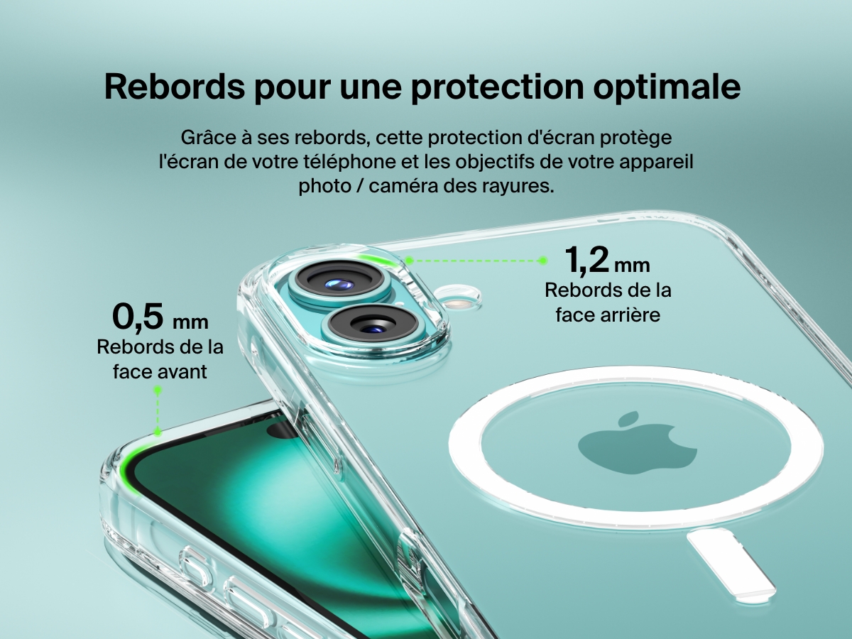 A close-up view of the SheerForce&trade; Magnetic iPhone Case, highlighting its raised edges for enhanced protection. The image showcases a 1.2mm camera raised edge and a 0.5mm front raised edge, designed to safeguard the screen and camera lenses from scratches and impacts. The transparent case maintains a sleek look while providing reliable protection.