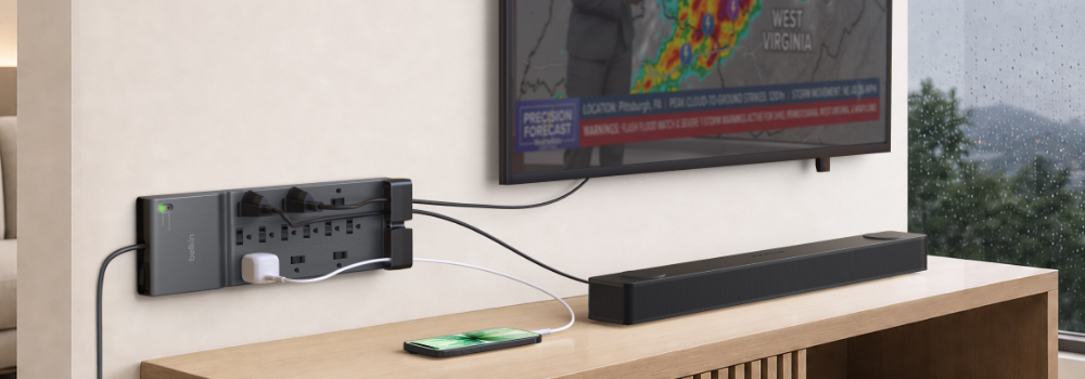 **Alt text:** Belkin 12-Outlet Home/Office Surge Protector with an 8-foot cord mounted on a wall, powering a TV, soundbar, and smartphone in a modern living room.