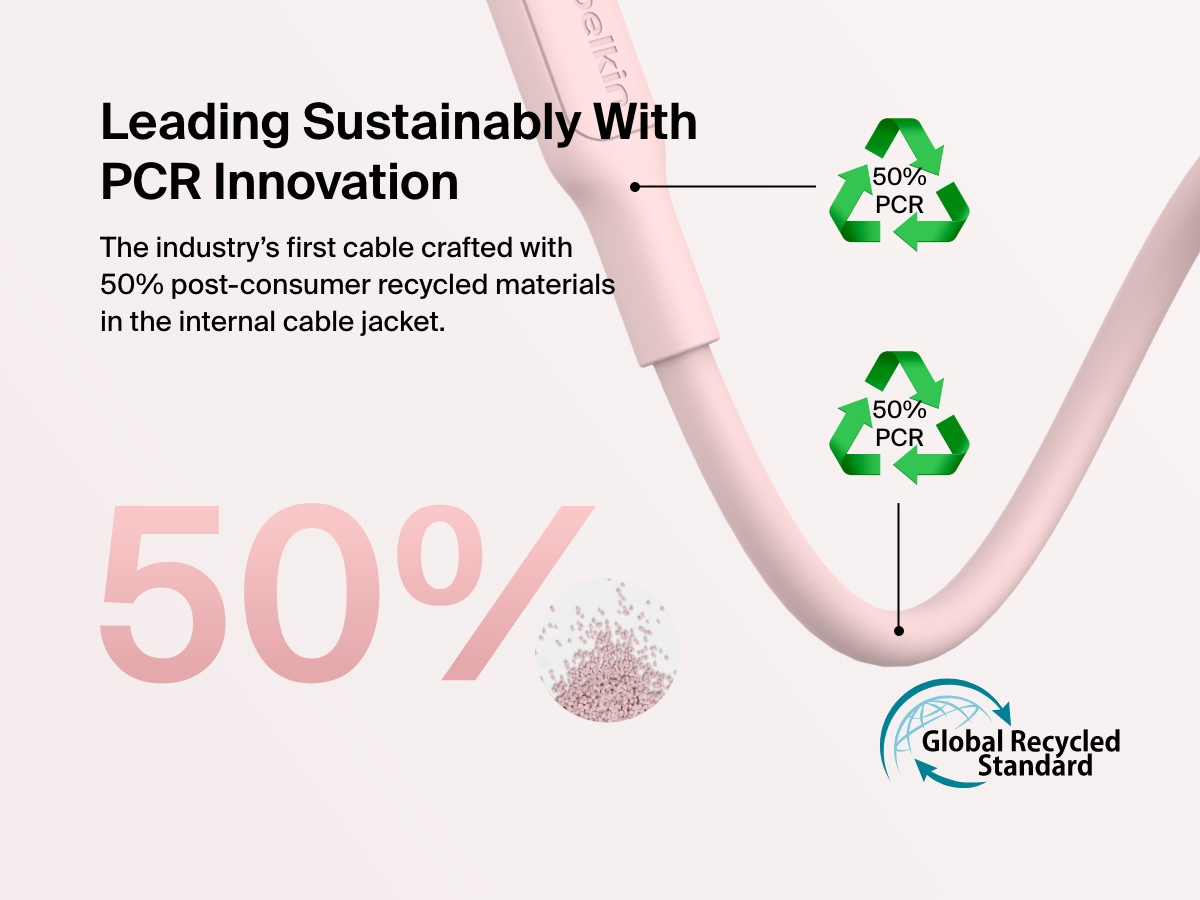 Belkin BoostCharge Pro USB-C to USB-C Braided Cable 60W is the industry&rsquo;s first cable made with 50% post-consumer recycled materials in the internal jacket, certified by the Global Recycled Standard.