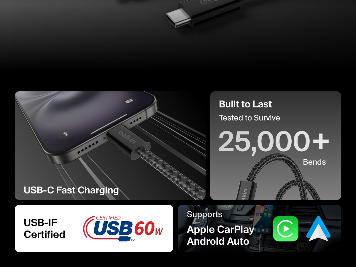 Infographic showcasing the Belkin BoostCharge USB-C to USB-C Cable 60W with features including USB-IF certification, 25,000+ bend durability, fast charging, and compatibility with Apple CarPlay and Android Auto.