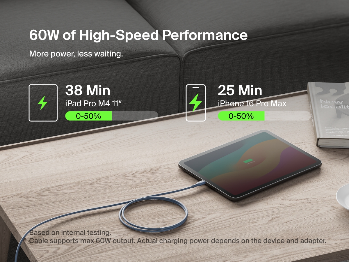 A Belkin BoostCharge Pro USB-C to USB-C Braided Cable 60W charges an iPad Pro M4 11" and iPhone 16 Pro Max with high-speed performance, reaching 50% in 38 and 25 minutes respectively.