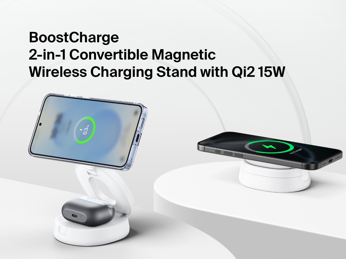 Belkin BoostCharge 2-in-1 Convertible Magnetic Charging Stand with Qi2 15W shown charging a smartphone and wireless earbuds in both upright and flat configurations.