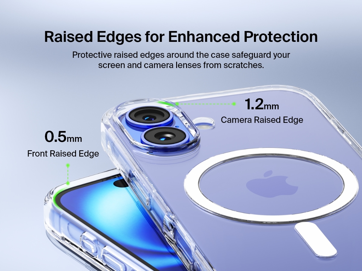 A close-up view of the SheerForce&trade; Magnetic iPhone Case, highlighting its raised edges for enhanced protection. The image showcases a 1.2mm camera raised edge and a 0.5mm front raised edge, designed to safeguard the screen and camera lenses from scratches and impacts. The transparent case maintains a sleek look while providing reliable protection.