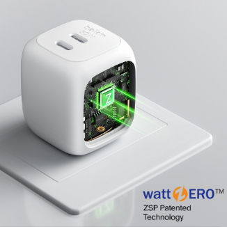 Belkin dual USB-C wall charger with a cutaway view showing internal circuitry and ZSP patented technology for zero standby power efficiency.
