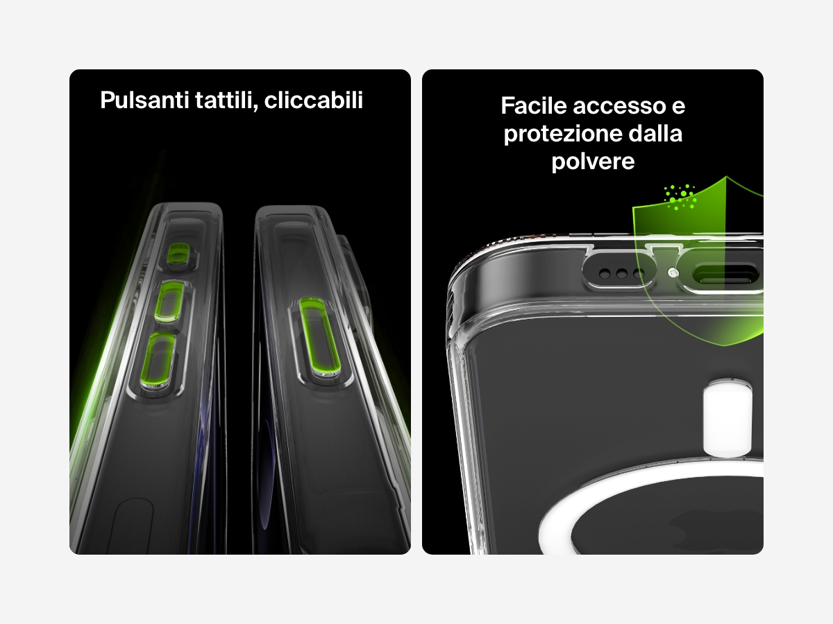 A dual-image showcase of the SheerForce&trade; Magnetic iPhone Case&rsquo;s tactile, clickable buttons and dust-proof protection. The left image highlights the precisely designed buttons that offer a responsive and comfortable press. The right image focuses on the dust-resistant port cutouts, ensuring easy access while protecting against dirt and debris buildup.