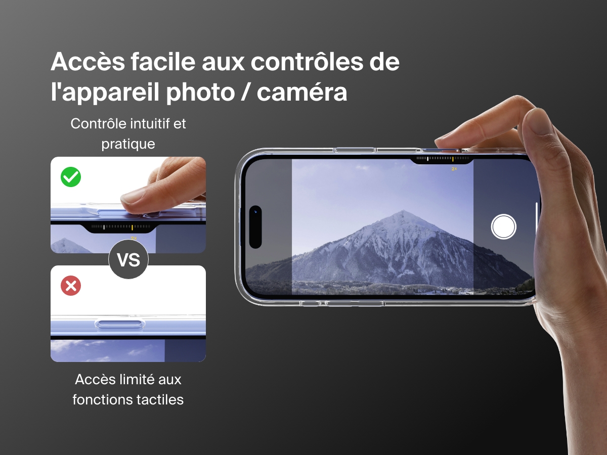 A demonstration of the SheerForce&trade; Magnetic iPhone Case's easy access to camera controls. The image compares the case&rsquo;s intuitive and convenient control with a competitor&rsquo;s design that limits touch functions and access. A hand is shown adjusting the camera zoom smoothly, highlighting the case's precise cutouts for an uninterrupted user experience.